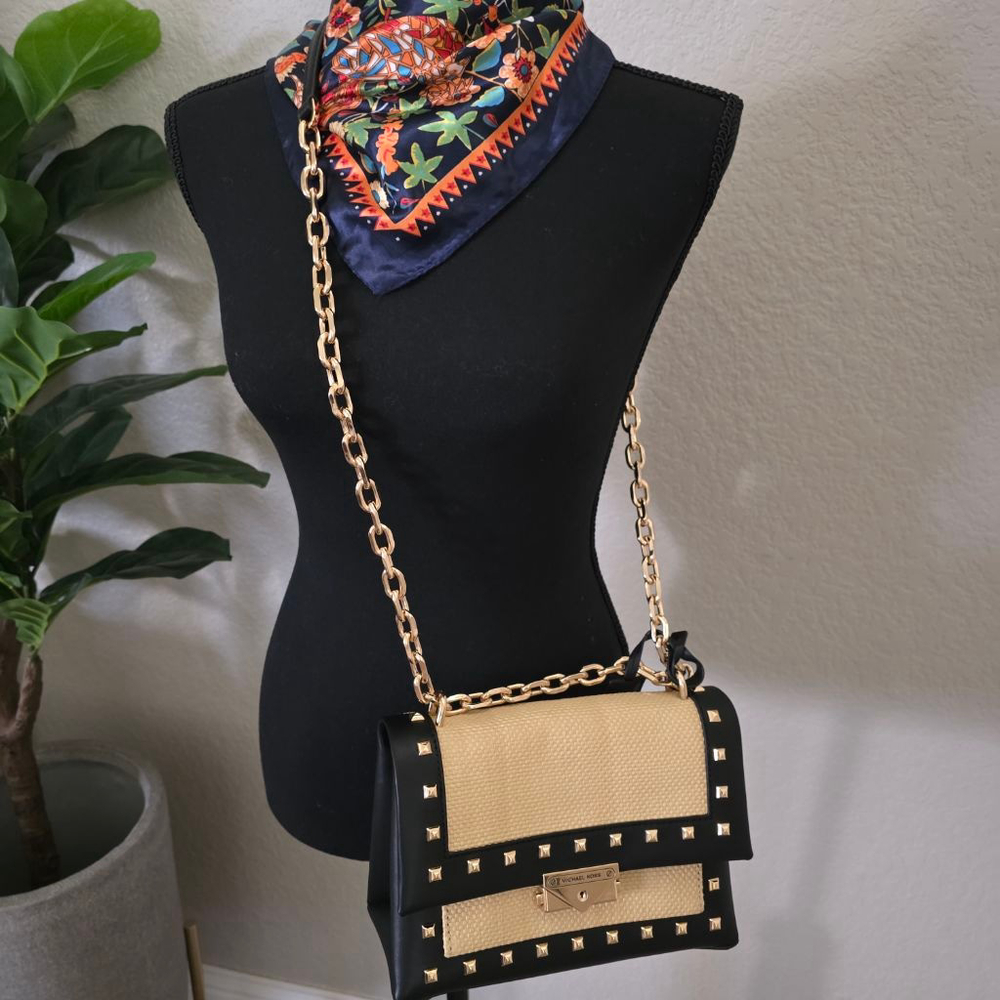 Michael Kors Studded Straw & Leather Crossbody Bag Tan/Black One Size